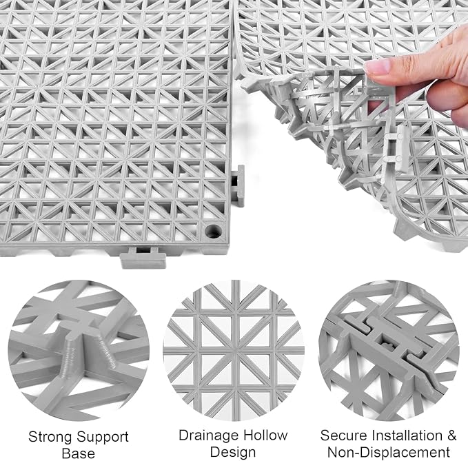 MYFAMIREA Modular Interlocking Cushion 24 Pack 11.8" x 11.8" Rubber Floor Tiles Non-Slip Splicing Drainage Mats for Deck, Pool, Outdoor Shower, Patio, Balcony, Indoor Bathroom, Kitchen, Yard (Gary)