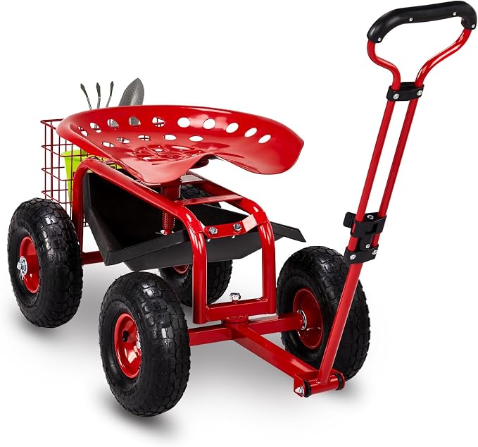 VINGLI Garden Cart with Rolling Seat, Wheels, Adjustable Steering Handle & Utility Tool Tray, Planting Wagon Scooter, Gardening Tool for Senior, for Patio, Backyard, Lawn & Outdoor (red)