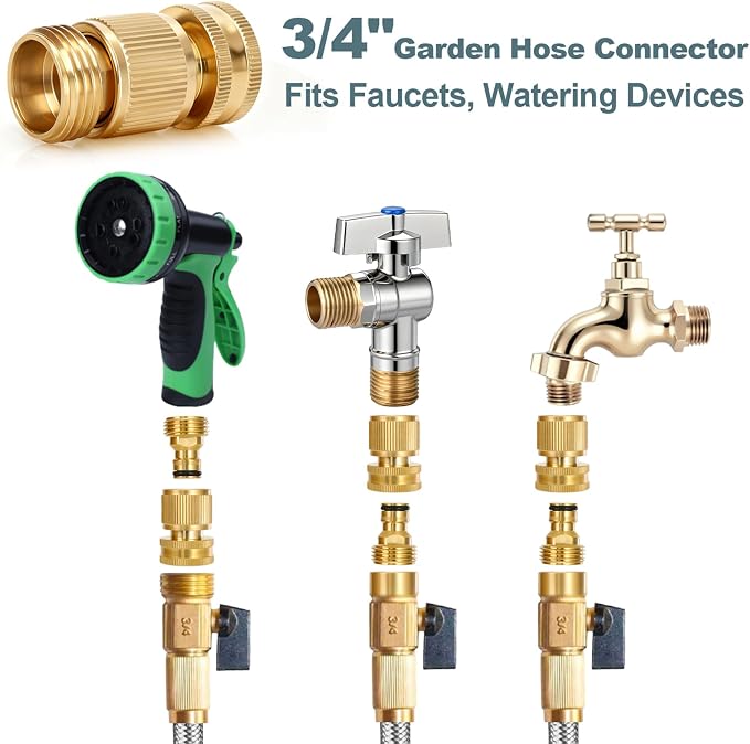 Garden Hose Quick Connect, Solid Brass 3/4 Inch GHT Hose Connector No-Leak, Heavy Duty Male & Female Quick Connect Hose Fittings, Easy Connect for Garden Hose & Pressure Washer (4Sets)