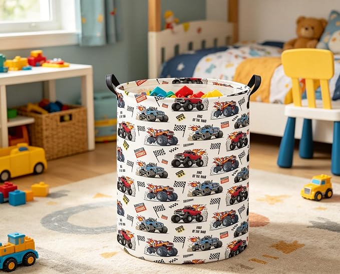 Baby Laundry Basket Kids Hamper Toy Storage Bin for Boys Room Decor Baby Nursery Hamper Gift Baskets for Bedroom Bathroom(Monster Truck)