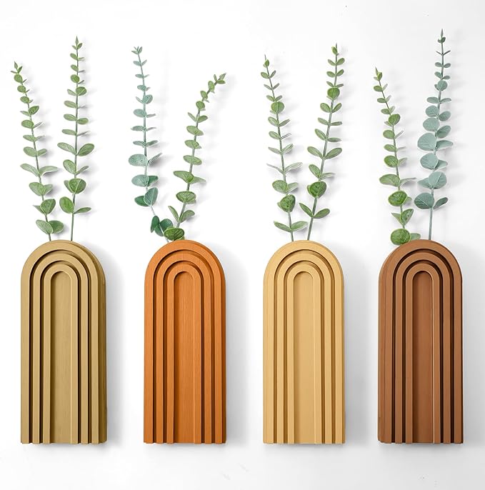 Ziliny 4 Pack Boho Wood Hanging Planters - Indoor Wall Decor Plant Holders for Modern Farmhouse Living Room Bedroom Rainbow Decor (Mixed Colors)
