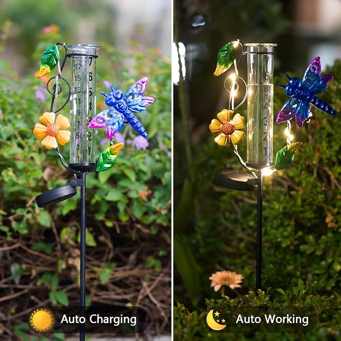 Rain Gauge Outdoor, Solar Rain Gauges for Yard, Dragonfly Freeze Proof Rain Gauge with 7" Plastic Tube, Metal Decorative Water Gauge with Led Light