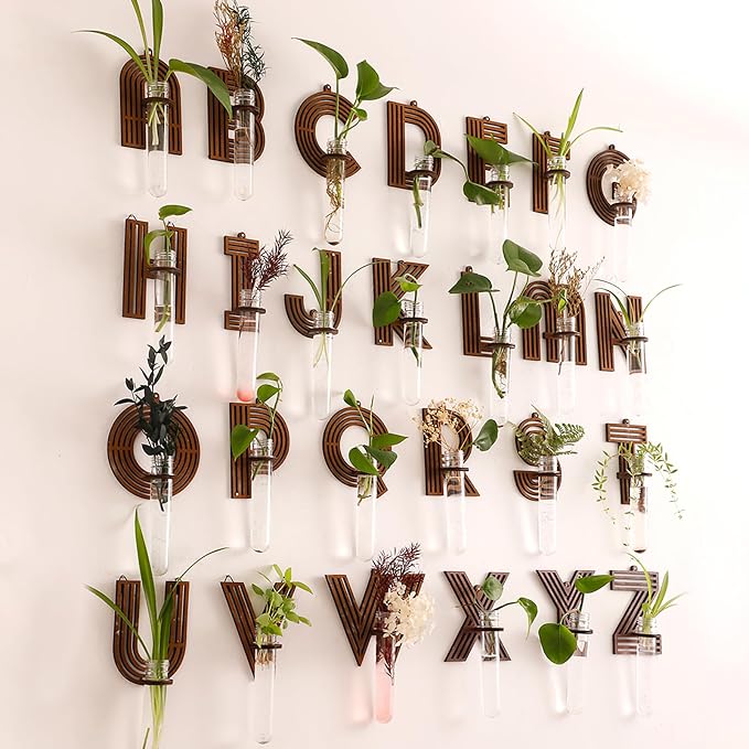 Wood Letter Wall Planter Terrariums Propagation Station with Test Tube Clear Flower Vase for Hydroponics Custom Vertical Garden Walnut DIY Home Decor Hanging Plant Holder Alphabet