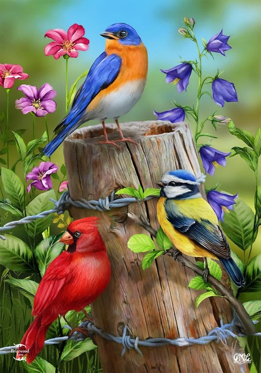 Fence Post Birds Spring Garden Flag Cardinal Bluebird 12.5" x 18" Briarwood Lane