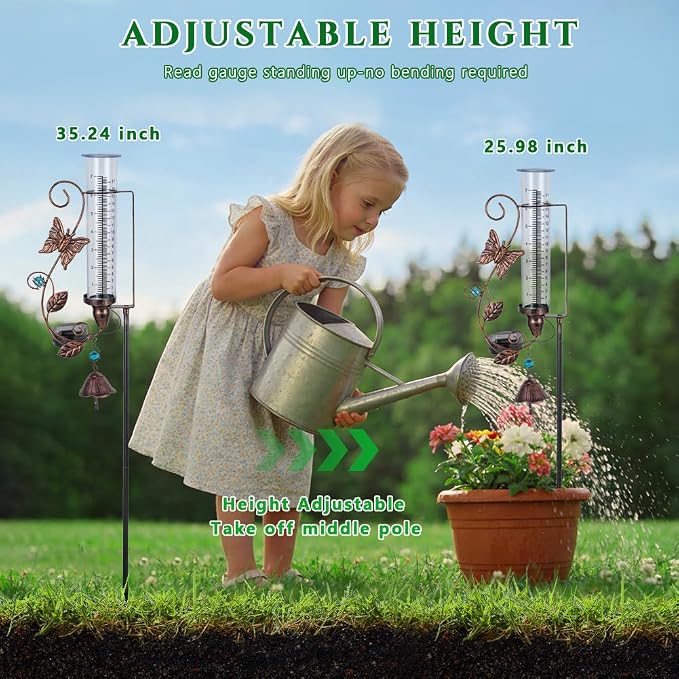 Rain Gauge Outdoor, Solar Rain Gauges with 7" Plastic Tube, Butterfly Metal Rain Gauge with Decorative Bell for Garden Yard Lawn Decor