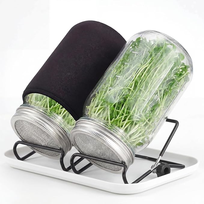 Seed Sprouting Jar Kit, 34oz Mason Wide Mouth Jars 2pc with 316 Stainless Steel Sprouting Lids, Drain Tray, Blackout Sleeves for Broccoli, Mung Beans, Pea, Cat Grass & Buckwheat