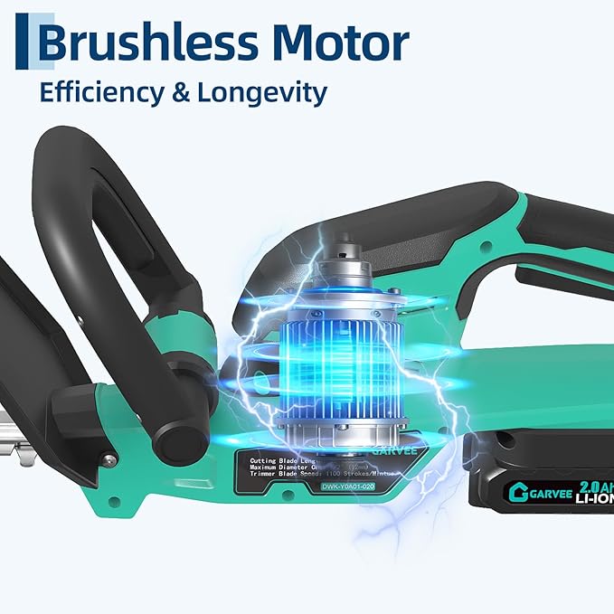 Garvee 22.4'' Hedge Trimmer Cordless, Shrub Trimmer Electric Handheld Bush Clipper 3000RPM, Brushless Motor Double-Sided Dual Action Blades, 2/3'' Blade Gap, 2 * 2.0Batteries & Charger