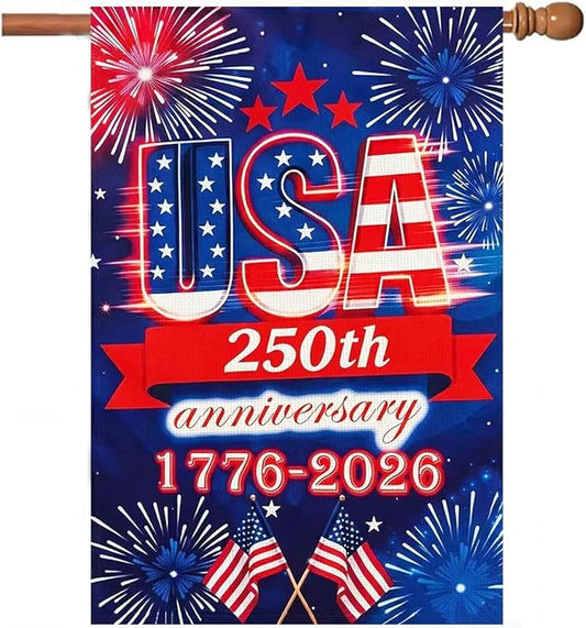250 Anniversary Usa Garden Flags for Outside, 250 Anniversary USA Flag 1776-2026 Commemorative Patriotic Yard Sign Outdoor Firework Design Banner 4th of July Decorations Double Sided Waterproof 250 Year American Flag 28x40 Inch