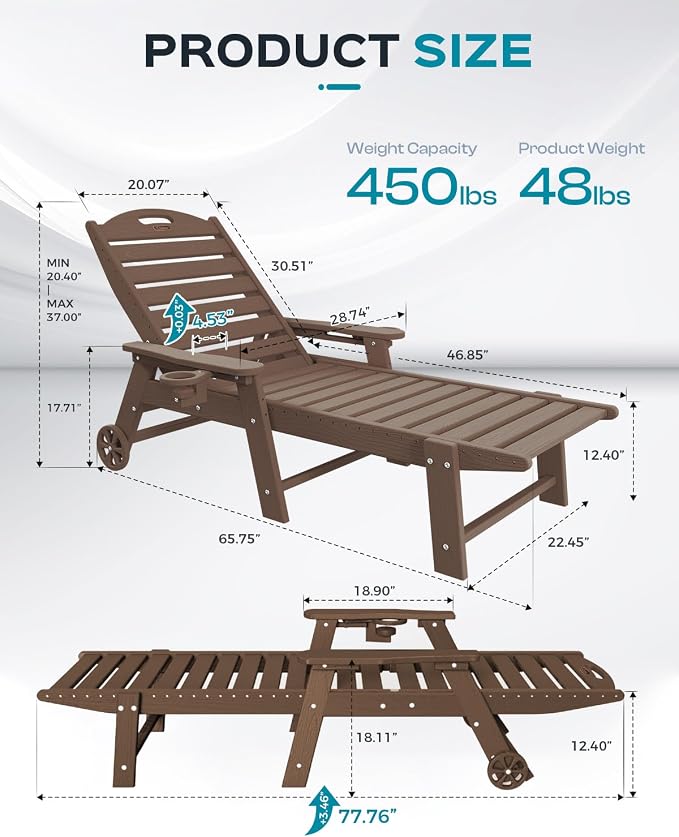 Ciokea Outdoor Chaise Lounge Chair Set of 2, Patio Lounge Chairs for Outside, HDPE Lounge Chairs with Wheels & Cup Holder, Poly Lounge Chair with 5 Position for Poolside, Deck, Dark Brown