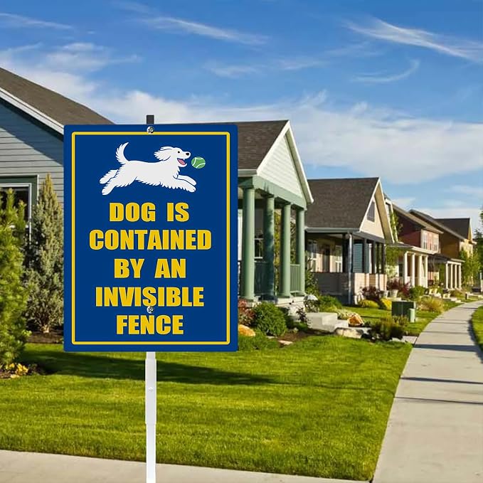 Dog Is Contained by An A Invisible Fence Yard Sign With Stake Reflective Aluminum Rustproof Attention Garden Lawn Dog Sign Stand For Home Garden Street Decorations Outdoor (8x12) IN
