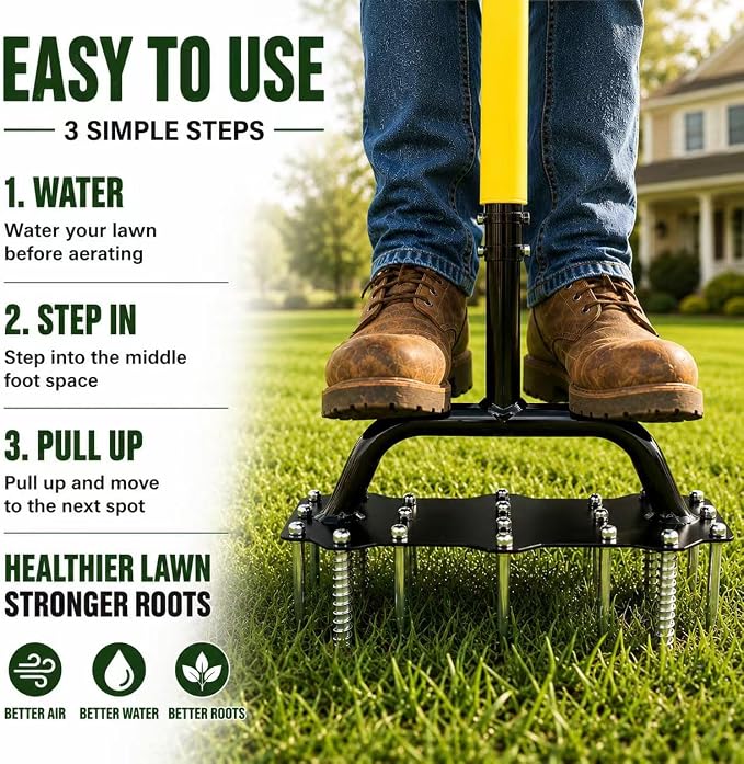 Manual Lawn Aerator Tool – Pre-Assembled 16-Spike Yard Aerator with Ergonomic T-Handle, Double-Spring Auto Dirt Clean, Heavy Duty Steel Grass & Soil Aerator for Lawn Aeration