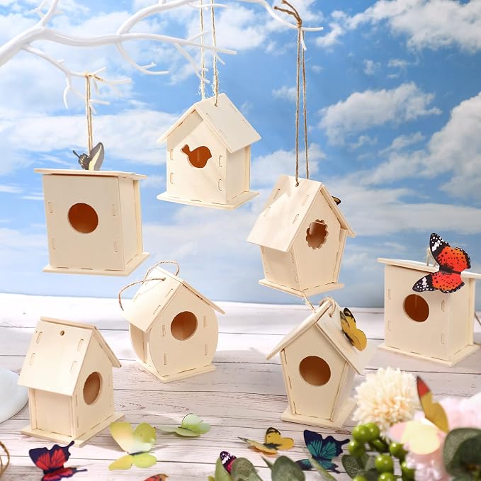 Kisston 272 Pcs DIY Birdhouse Kits for Kids Ages 5-8, 8-12, 120 Wooden Bird Houses Kit in 6 Shapes and 152 Stereoscopic Butterfly Sticker for Children Craft Class Activity Art DIY Project