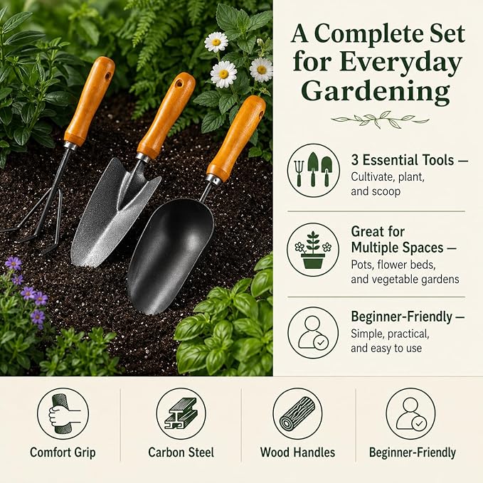 3-in-1 Heavy Duty Gardening Tools Kit, Premium Carbon Steel Garden Hand Tools with Ergonomic Wooden Handle Includes Trowel, Transplanter, and Cultivator, Ideal Gardening Gifts for Gardener