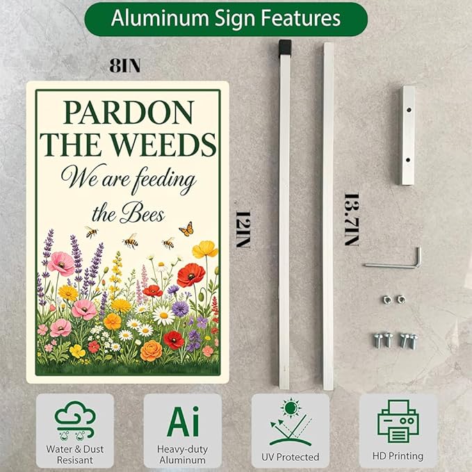 Pardon the Weeds We're Feeding The Bees Yard Sign with Stakes 8x12 In Do Not Mow No Mow May Aluminum Lawn Signs Stand for Garden Pollinator Wildflower Save Bee Habitat Outdoor Decorations