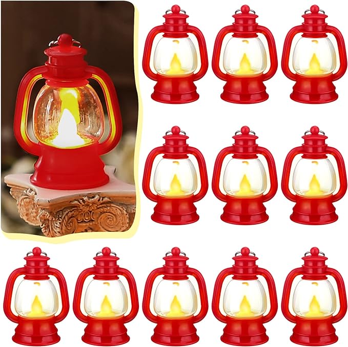 Ferraycle 12 Pcs Mini Lantern Decor 4 Inch Western Lantern Table Centerpiece Small Vintage Camping Hanging Lamp Ornaments Bulk for Cowboy Cowgirl Wedding Halloween Christmas (4 Inch,Red)