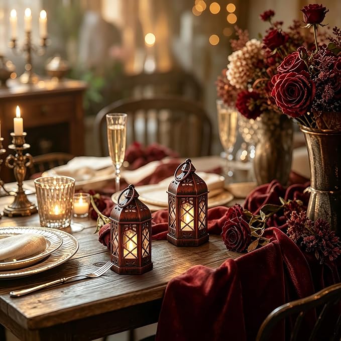 12Pcs Mini Moroccan Lanterns (Brushed Red) with LED Candle - Hanging Vintage Small Lanterns for Ramadan, Wedding, Easter, Christmas, Churches - Table Centerpieces & Medieval/Themed Decor