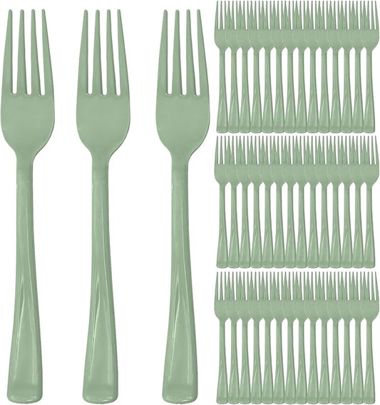100 Pcs Sage Green Plastic Forks Sage Green Plastic Silverware Disposable Cutlery Heavy Duty 100 Forks for Birthday, Baby Shower, Picnic
