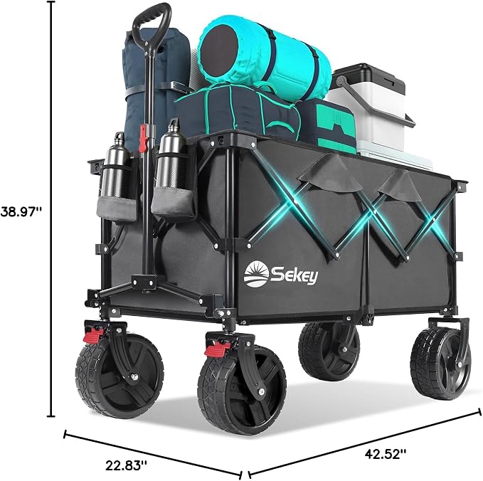 Sekey 220L Wagons Carts Foldable with Big All-Terrian Beach Wheels, Collapsible Heavy DutyWagon with Cup Holders, Extra Large Folding Wagon,Foldable Wagon for Camping, Garden, Sports. Grey