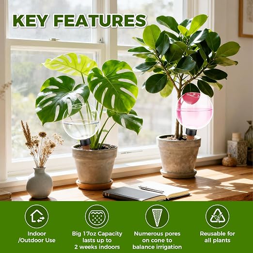 4 Pcs Self Watering Globes Plastic Automatic Watering Planter for Indoor Plants 17.5 oz drip Irrigation Watering Bulbs with Slow Release Control (Pink)