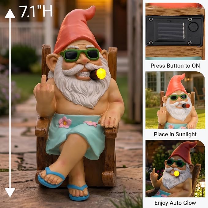 Funny Garden Gnome Statue 7.1", Solar Gnome in Rocking Chair, Outdoor Garden Decor Lawn Ornament for Yard Patio Porch, Fathers Day Birthday Gifts for Men Dad Grandpa