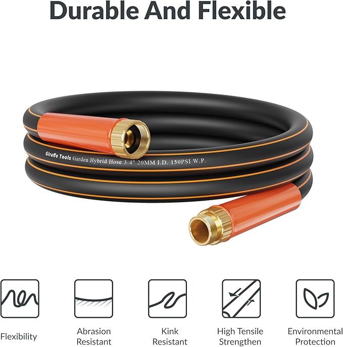 Giraffe Tools Garden Hose 50ft x 3/4", Heavy Duty Water Hose, Flexible, Hybrid Lightweight Hose, Male to Female Fittings, Burst 600 PSI