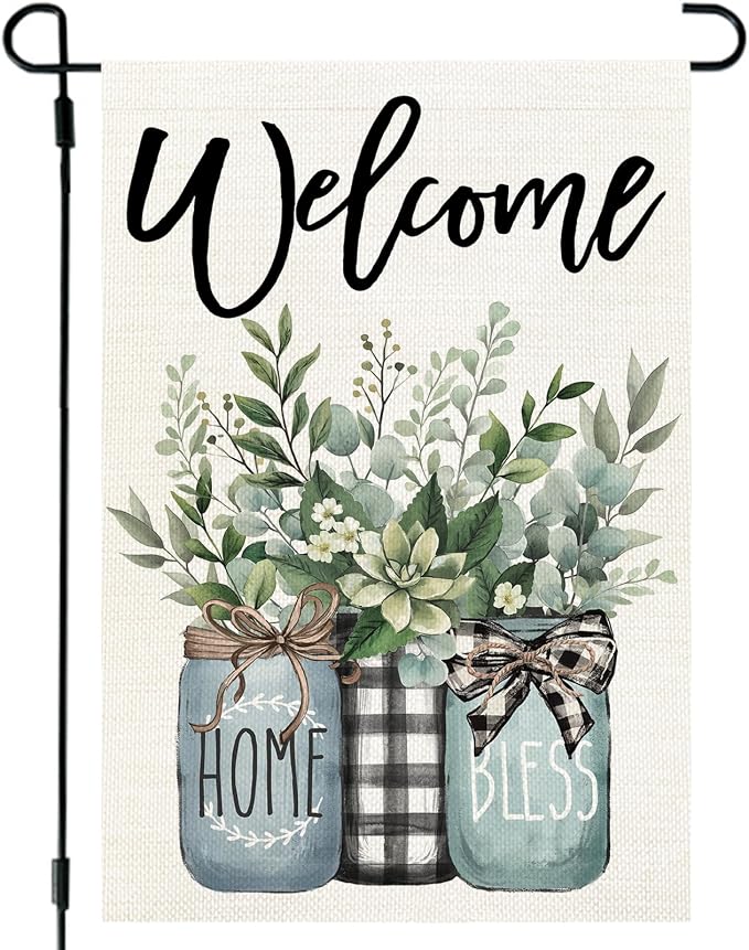 CROWNED BEAUTY Spring Garden Flag Eucalyptus Mason Jar 12x18 Inch Double Sided Small Seasonal Farmhouse Floral Holiday Decoration for Outdoor Lawn Yard