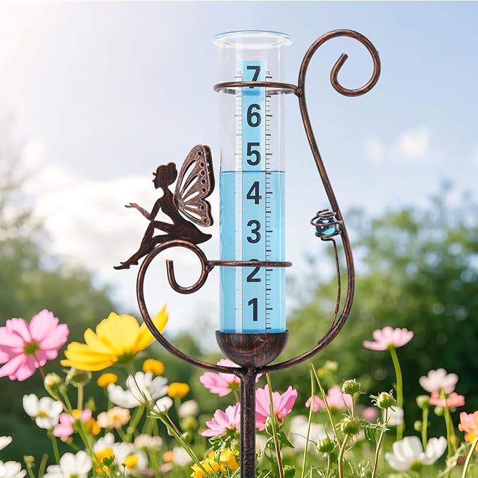 WONDER GARDEN Rain Gauge Outdoor, Decorative Fairy Rain Gauges Outdoors Best Rated, Freeze Proof Glass Water Rain Measure Gauge with Blue Bead for Yard Patio Lawn Decor