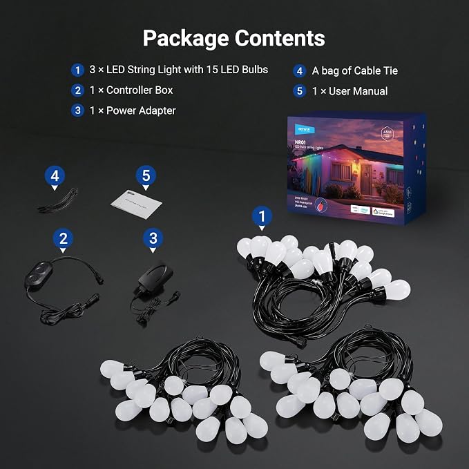 NEEWER 144ft Outdoor String Lights, App Control Smart AI RGBW Dimmable Patio Balcony Backyard Outside Hanging Lighting, IP65 Waterproof, 45 LED Bulbs, 50+ Scenes, Compatible with Alexa Google, NR01