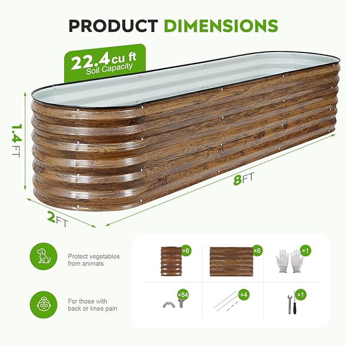 Galvanized Raised Garden Bed Outdoor- 8x2x1.4ft Oval Steel Raised Beds for Gardening, Metal Planter Box with Protective Strip and Gloves for Vegetables, Flowers, Fruits(Brown)