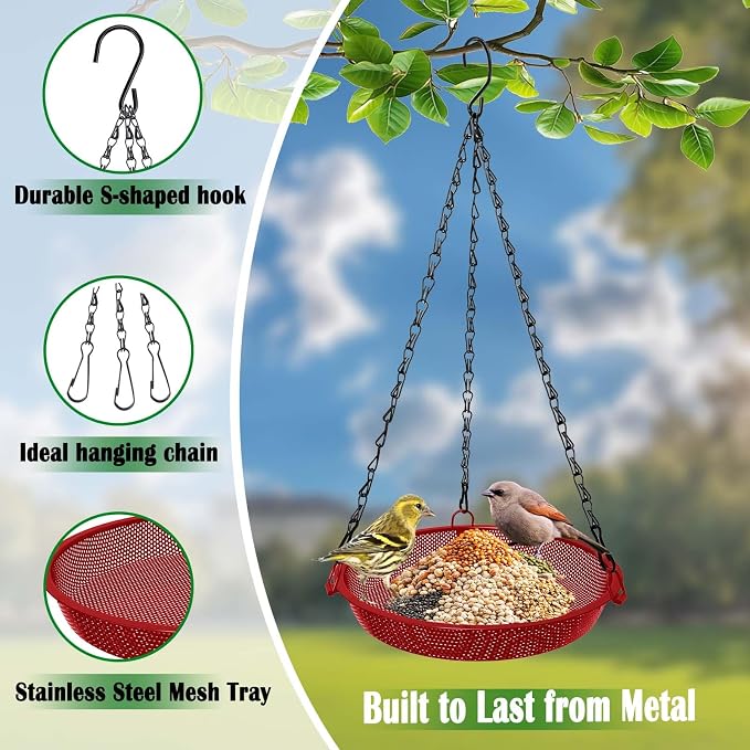 Hanging Bird Feeder for Outdoors – 9 in Metal Mesh Bird Feeder Tray Platform for Finches, Chickadees & Small Birds, Red