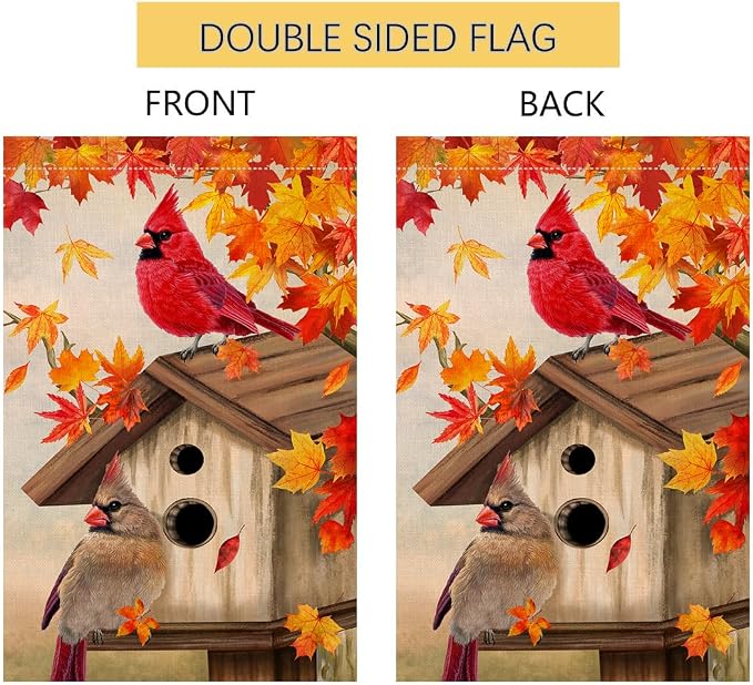 BLKWHT Fall Cardinal Bird Garden Flag 12x18 Vertical Double Sided Maple Leaves Welcome Autumn Thanksgiving Holiday Outside Decorations Burlap Yard Flag BW829