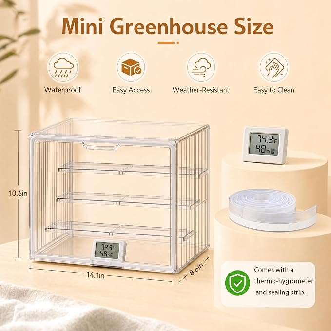 Mini Greenhouse Indoor Clear, Small Portable Tabletop Greenhouse with Indoor Greenhouse Door Thermometer and Hygrometer for Seed Starting, Plant Cabinet Grow Warmer and Home Gardening Display