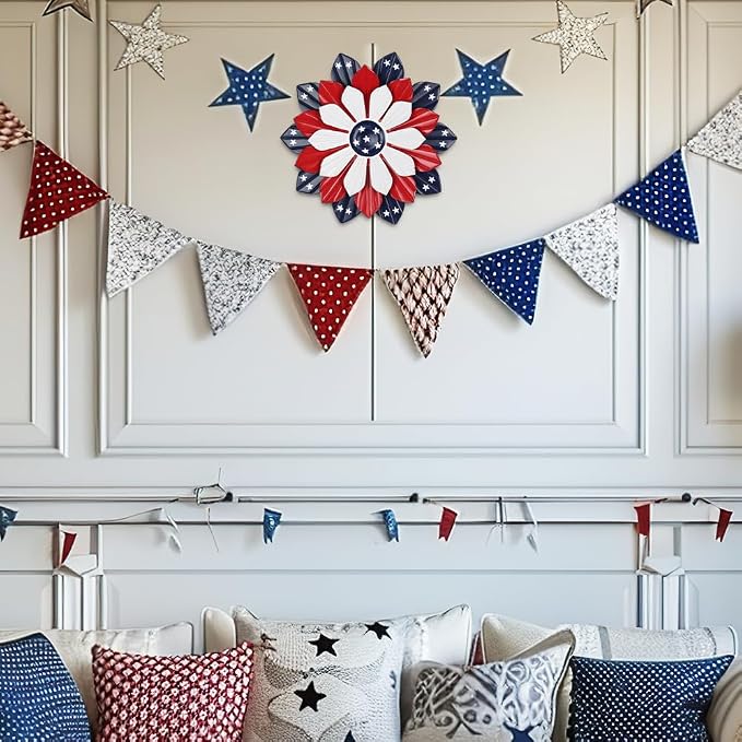 YEAHOME 4th of July Decorations Outdoor, 11" Red White and Blue Metal Flower Wall Art for Fourth of July Decor, Stars and Stripes Patriotic Decorations for Home Garden Lawn Porch