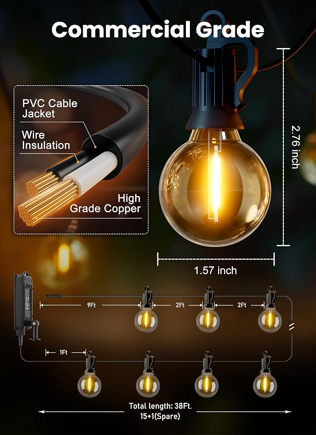 Brightown 38FT 16LED Solar String Lights Outdoor with Remote & USB Port, Shatterproof Bulbs, Dimmable & Timable, 3 Modes, Patio Lights Solar Powered with Mount Clips for Camping Backyard Garden Decor