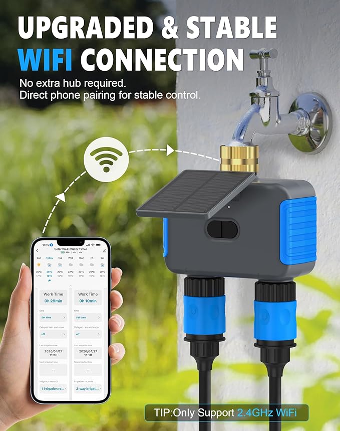 WiFi Solar Sprinkler Timer, 2 Zone Smart Bluetooth Hose Timers, Water Timer for Garden Hose with APP, Digital Automatic Irrigation System Compatible with Alexa Google, for Outdoor Garden Lawn
