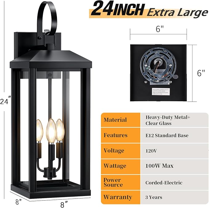 24Inch Extra Large Outdoor Sconce Light 1-Pack, Waterproof Oversized Outdoor Porch Light for House with Tempered Glass, Modern Black Exterior Lighting Fixture, Outside Coach Light for Garage