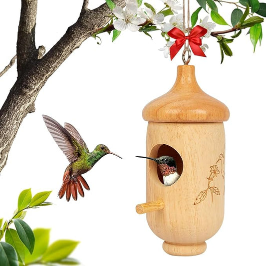 Hummingbird House, Small Hummingbird Houses for Outside, Wooden Bird House with Bow, String, Cute Gardening Gifts Home Decoration