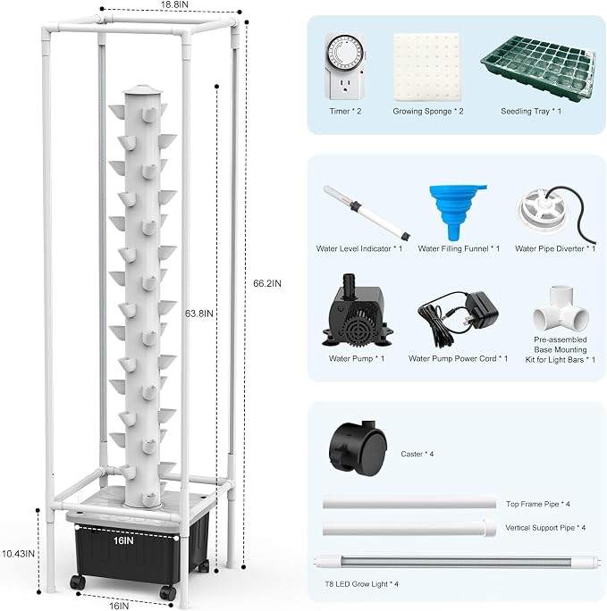 JESLED Hydroponic Tower with 5000K Full-Spectrum Grow Lights, 45 Pods Vertical 15 Tiers Hydroponic Tower, Auto Watering & Lighting for Indoor Herbs, Fruits and Vegetables, High 66.2"
