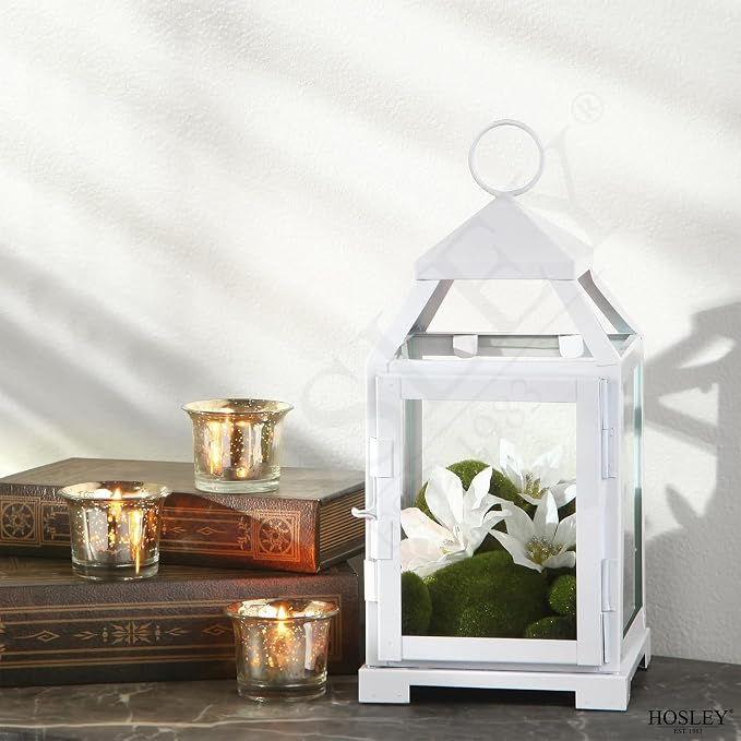 Hosley 12 Inch High Clear Glass and Iron White Classic Style Lantern Ideal Gift for Weddings Bridals Special Occasions Parties Aromatherapy and Spa Settings