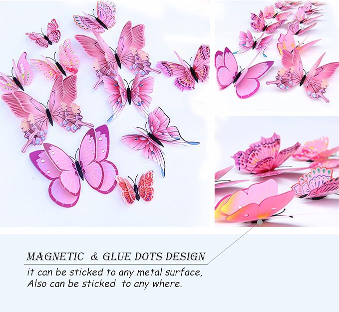 OPSEAM Butterfly Wall Decor 24/48 PCS, 3D Butterflies Stickers for Party Decorations with Magnets(Pink, 48)