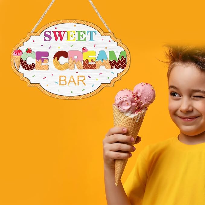 HOURIA Colorful 3D Ice Cream Summer Wooden Sign (11.4”x7.5”), Vintage Sweet Ice Cream Bar Sign Hanging Plaque,Sweet Summer Themed Wall Decor for Birthday Party Shop Holiday Home Decor