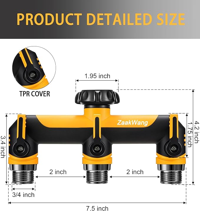 Garden Hose Splitter, 3 Way Hose Splitter, Heavy Duty Water Hose Bib Spigot Splitter, Outdoor Faucet Splitter with Shutoff Valve, T Adapter Connector with 3/4 - Inch GHT Thread (Yellow)