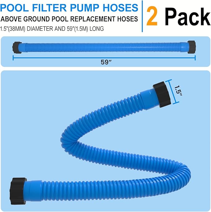 1.5" x 59" Pool Hose Replacement, Pack of 2 - Compatible with Above Ground Pools Filter Pump Hoses, Sand Filters, Saltwater Systems (1,500-2,500 GPH), Blue