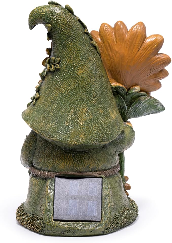 basen Solar Garden Gnome with Glowing Daisy Flower, Outdoor Solar Gnome Figurine for Yard Lawn Patio, Hand-Painted Resin Garden Statue Decor with LED Light for Landscape, Garden Ornament Gift