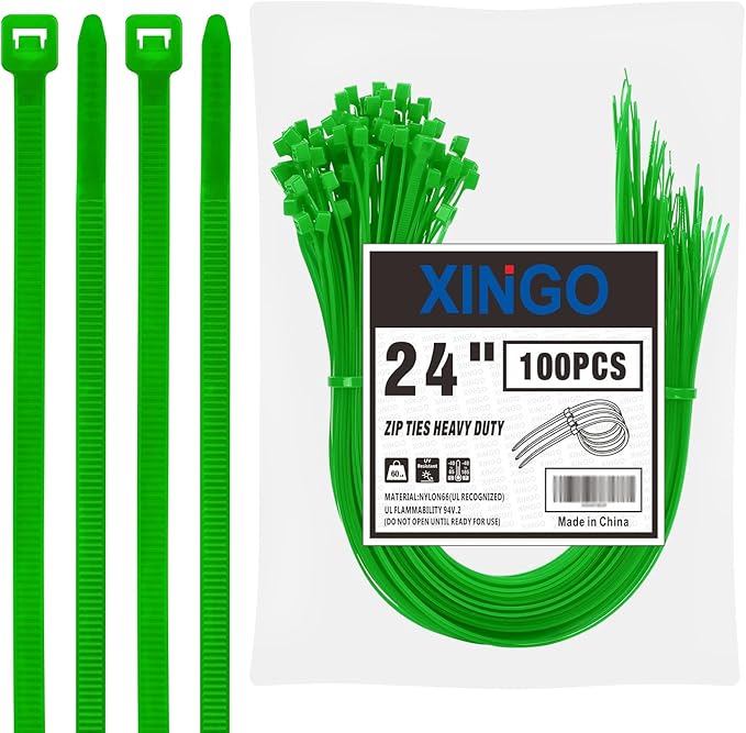 XINGO 24 inch Green Zip Ties Heavy Duty (100 Pack), 60lb Tensile Strength, UV Resistant Cable Ties for indoor and outdoor use