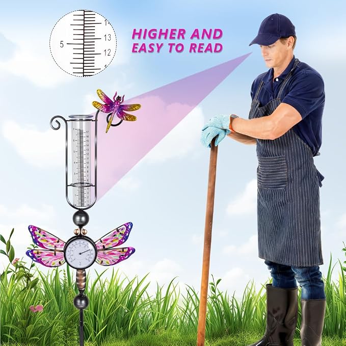 Rain Gauge Outdoor with 7 Inch Tube, Rain Gauges with Thermometer Waterproof Measure Gauge Decor for Yard, Garden, Lawn(Dragonfly)