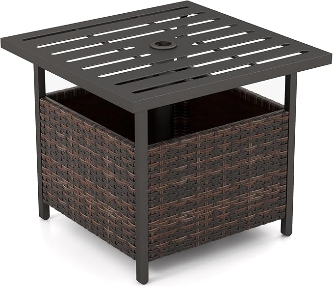 Tangkula Outdoor Table with Umbrella Hole, Rattan Umbrella Stand Table, Wicker Outside Side Table with Steel Metal Frame, Patio Bistro Table for Deck Garden Pool Yard, 22 x 22 x 18.5 Inch (Mix Brown)