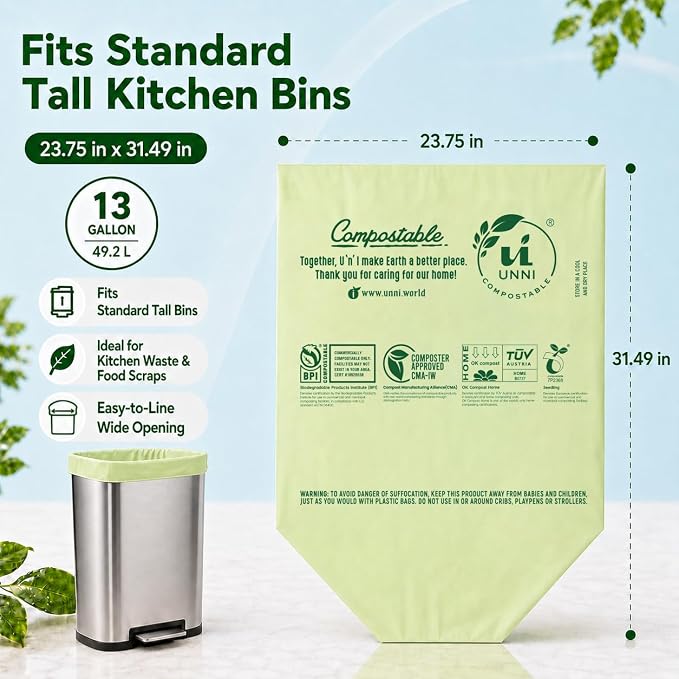 UNNI Compostable Trash Bags, 13 Gallon / 49.2 Liter, 100 Count, Extra Thick 0.9 Mil Tall Kitchen Food Scrap Bin Liners, Certified by BPI, CMA & OK compost HOME, Meets the ASTM D6400 Standard