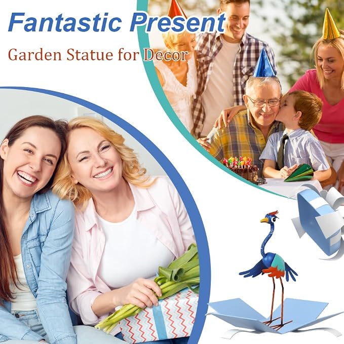 Metal Wacky Heron Garden Statue, 19‘’ Crane Garden Decor for Outside, Bird Yard Art for Outside, Patio, Backyard, Lawn (Blue & Cyan)