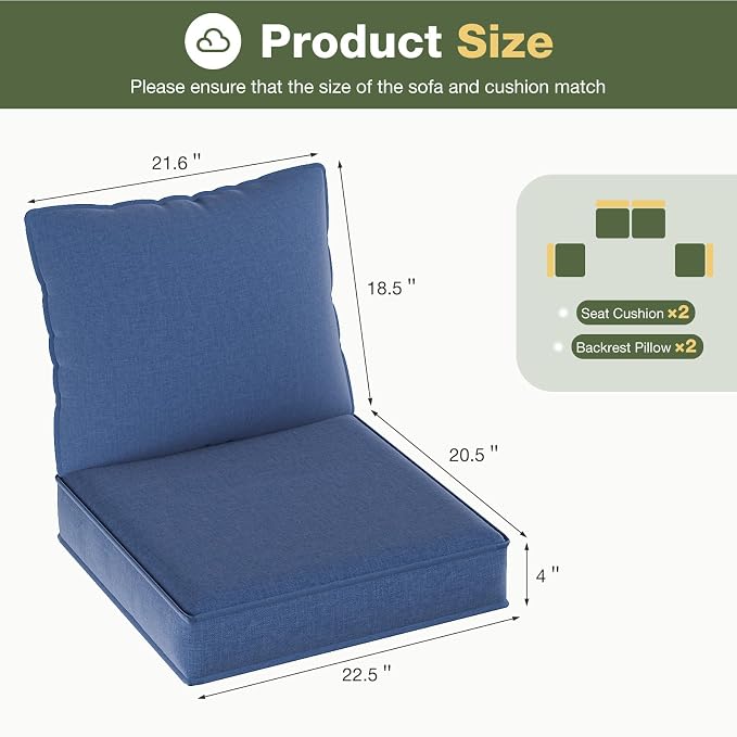 Aoxun Replacement Cushions for Outdoor Furniture, 4-Piece Outdoor Cushions for Patio Furniture, Deep Seat, Waterproof & Fade Resistant Couch Cushion for 4-Seat Patio Conversation Sets, Navy Blue